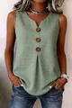 Detailed view of women's v-neck sleeveless cotton linen tank top with decorative buttons - Green