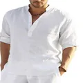 Men's relaxed fit white long-sleeve linen shirt with a stand collar henley design - S / Tops / White