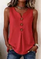 Close-up of red sleeveless linen top with V-neck and decorative wooden buttons - Red