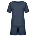 Two-piece casual set featuring a short-sleeve top and matching shorts in navy blue. - 3XL / Top And Bottom / Navy Blue