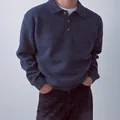 Men's navy blue knit polo sweater with button collar, ribbed cuffs and a relaxed fit style - Denim Blue