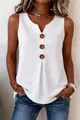 Close-up of white cotton linen sleeveless tank top with three wooden buttons on V-neckline. - S / Tops / White