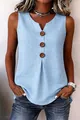 Detailed view of light blue cotton linen V-neck sleeveless tank top with wooden buttons - S / Tops / Sky Blue