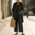 Elegant dark grey summer three-piece set featuring cardigan and wide-leg trousers - S / Set / Black