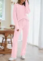 Warmes rosa flauschiges Lounge-Set für Damen mit Langarm-Oberteil und passender Kordelzug-Hose - Rosa