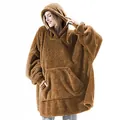 Close-up view of a cozy brown fleece oversized wearable hoodie blanket shown on a model - One Size / Tops / Dark Brown