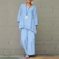 Conjunto de dos piezas en algodón y lino azul claro con túnica y pantalones anchos - S / Top Y Pantalón / Azul cielo