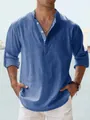 Chemise Henley décontractée en coton et lin bleu pour homme à manches longues et col mao - Bleu Moyen