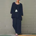 Conjunto de 2 piezas de algodón y lino azul marino para mujer talla grande estilo retro - S / Top Y Pantalón / Azul marino