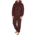 Detail view of men's dark brown plush hooded onesie pajamas with front zipper closure. - S / Robe / Coffee