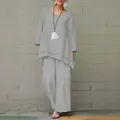 Conjunto de pantalón casual de lino y algodón gris de talla grande con top holgado cómodo - S / Top Y Pantalón / Gris