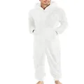 Full body view of white plush hooded onesie pajamas for men with functional front zipper detail - S / Robe / White