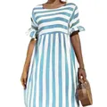 Casual blue and white striped dress featuring ruffle short sleeves and a relaxed fit. - S / Sky Blue