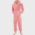Men's warm pink plush hooded onesie pajamas with zipper closure - S / Robe / Pink