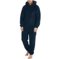 Comfortable men's warm navy blue plush hooded onesie pajamas with a front zipper closure. - S / Robe / Navy Blue