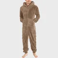 Full-length view of a men's brown plush hooded onesie with front zipper and pockets - S / Robe / Khaki