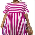 Women's casual pink and white striped midi dress featuring ruffle short sleeves and pockets - S / Rose Red