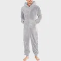 Cozy light gray men's fleece hooded onesie with front zipper and pockets detail view - S / Robe / Light Gray
