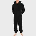 Cozy men's black fuzzy hooded onesie pajama with a front zipper and pockets detail - S / Robe / Black