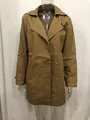 Detail view of a men's camel mid-length slim fit trench coat on a clear mannequin. - S / Khaki