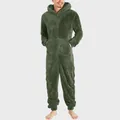 Full-body view of men's warm green plush hooded one-piece pajamas with front zipper. - S / Robe / Army Green