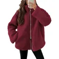 Detail of burgundy oversized teddy fleece jacket with high collar and front zipper - S / Tops / Burgundy