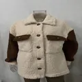 Women's loose two-tone faux fur jacket in beige and brown with double pockets - S / Tops / Brown