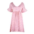 Women's pink floral print V-neck summer dress with flare sleeves and loose bohemian fit - S / Dresses / Pink