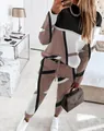 Detail view of fashion casual women's two-piece set with geometric pattern and drawstring - Camel