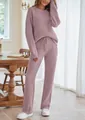 Gemütliches lila flauschiges Loungewear-Set für Damen mit langen Ärmeln und Tunnelzughose - Taro