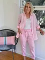 Elegante completo due pezzi in lino rosa con camicia a maniche lunghe e pantaloni - 3XL / Top E Pantaloni / Rosa