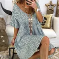 Bohemian style blue floral print loose dress featuring bell sleeves and a casual V-neck design - S / Dresses / Blue