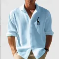 Stylish men's light blue waffle knit long sleeve shirt featuring black giraffe embroidery - Light Blue