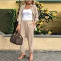 Elegante set casual due pezzi beige stile lino per donna con maniche lunghe e pantaloni - Taglia S / Top E Pantaloni / Cachi