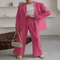 Stylish pink professional blazer suit set featuring high-waisted wide-leg trousers - XL / Top And Bottom / Rose Red