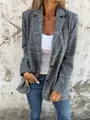 Detail view of retro grey plaid blazer with notch lapel and brown buttons for women - S / Tops / Gray