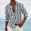 Stijlvol casual herenoverhemd met lange mouwen en verticale zwart-witte strepen, losse pasvorm - S / Tops / Zwart