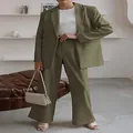 Full-body view of modern olive green professional two-piece blazer and trousers suit set - Army Green