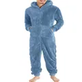 Men's blue warm fleece onesie jumpsuit with hood and front zipper closure - 3XL / Robe / Light Blue