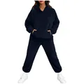 Close-up of navy blue plush hoodie and jogger set with soft fleece texture - S / Top And Bottom / Navy Blue