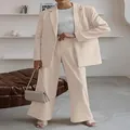 Elegant cream beige women's professional blazer and wide-leg trousers suit set - S / Top And Bottom / Apricot