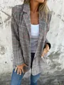 Close-up of retro grey houndstooth plaid blazer with classic lapel for women's autumn style - S / Tops / Brown