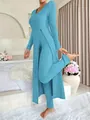 Set due pezzi in maglia a costine azzurro con tunica a maniche lunghe spaccata - 3XL / Top E Pantaloni / Blu-Verde