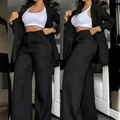 Elegant black business suit set for women with slit sleeve blazer and wide-leg trousers - 3XL / Top And Bottom / Black