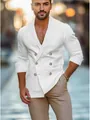 Men's white double-breasted linen shirt blazer with long sleeves for casual wear - S / Tops / White