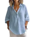 Detailed view of women's light blue solid color casual loose long sleeve linen V-neck shirt - 3XL / Tops / Sky Blue