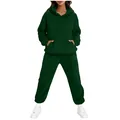 Close-up of women's dark green plush fleece hoodie and matching sweatpants set. - S / Top And Bottom / Dark Green