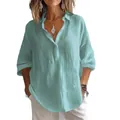 Close-up detail of the mint green loose-fit casual linen blouse with elegant V-neck design. - 3XL / Tops / Bean Green