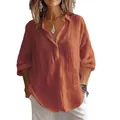 Casual women's long-sleeve orange linen shirt with a relaxed V-neck and collar design. - 3XL / Tops / Red