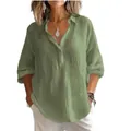 Detailed close-up view of a casual loose-fit green linen V-neck shirt for women - 3XL / Tops / Dark Green